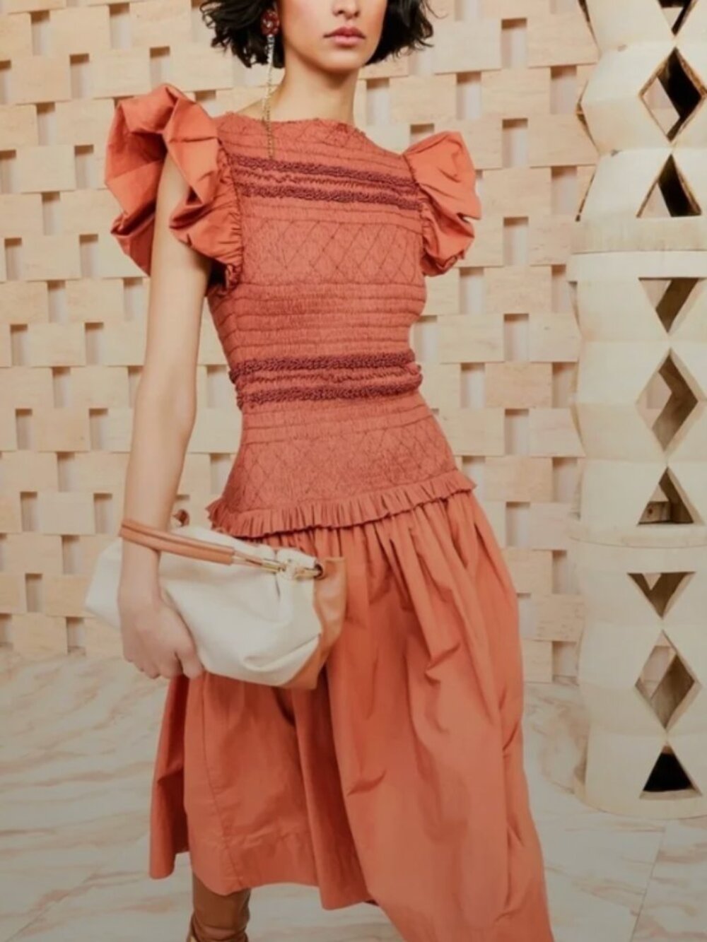 Ulla Johnson Orange Square Neckline Midi-Length Dress